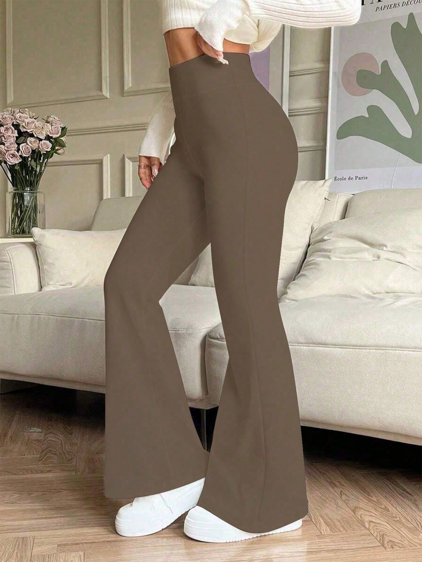 Hoge taille flared broek met elastische tailleband en ademende stof voor dagelijks gebruik dames-61