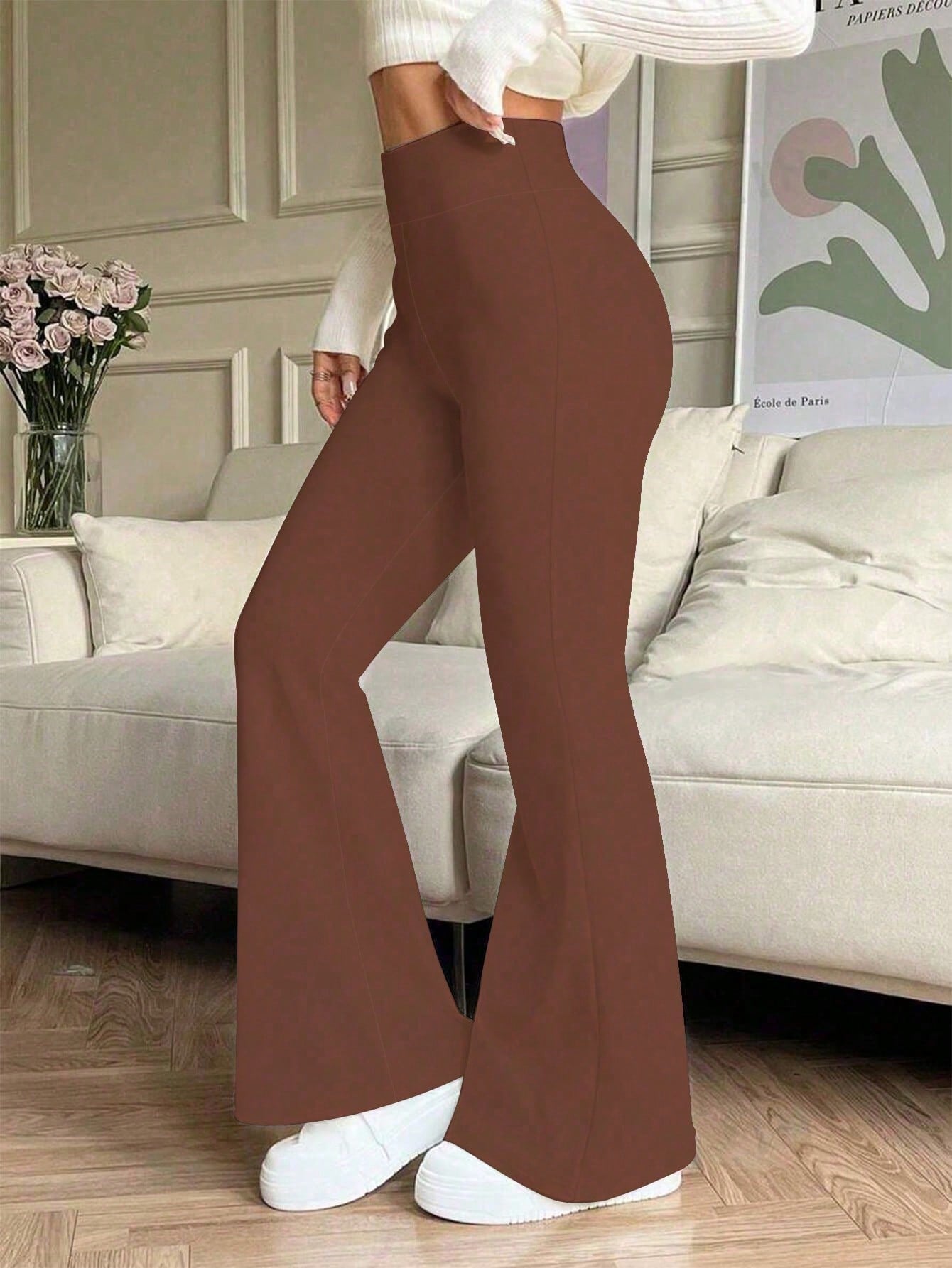 Hoge taille flared broek met elastische tailleband en normale fit voor dames-66