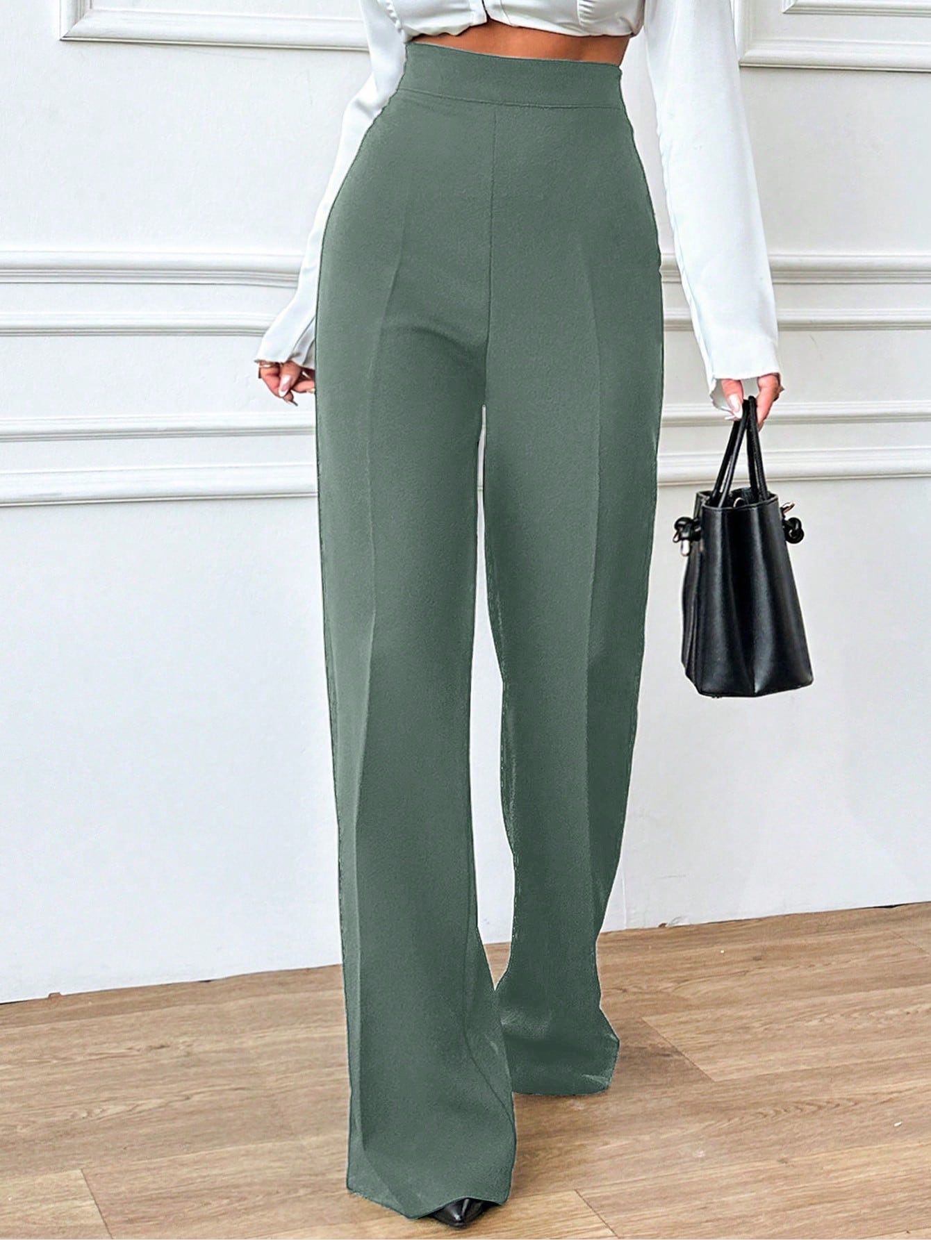 Hoog getailleerde broek met flare pijpen en elastische taille voor dagelijks gebruik, dames-17