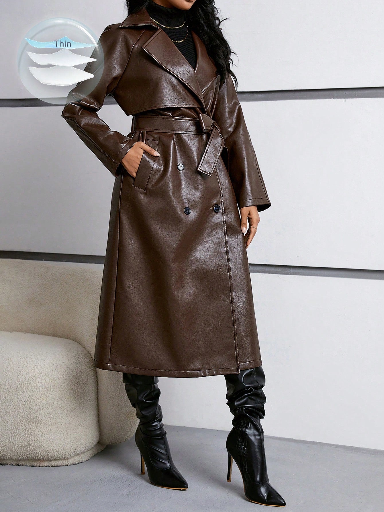 Koffiebruin leren jas met strikceintuur en lange raglanmouwen voor een elegante look in de herfst dames-16