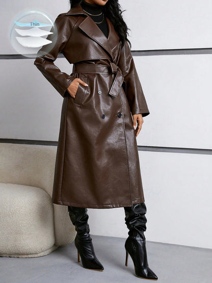 Koffiebruin leren jas met strikceintuur en lange raglanmouwen voor een elegante look in de herfst dames-16