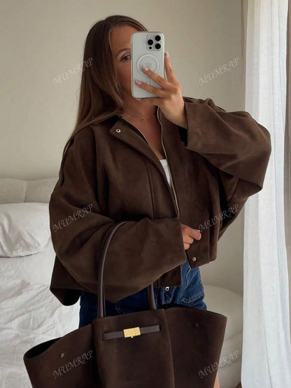 Losse jas met turndown kraag en oversized mouwen voor dames-32