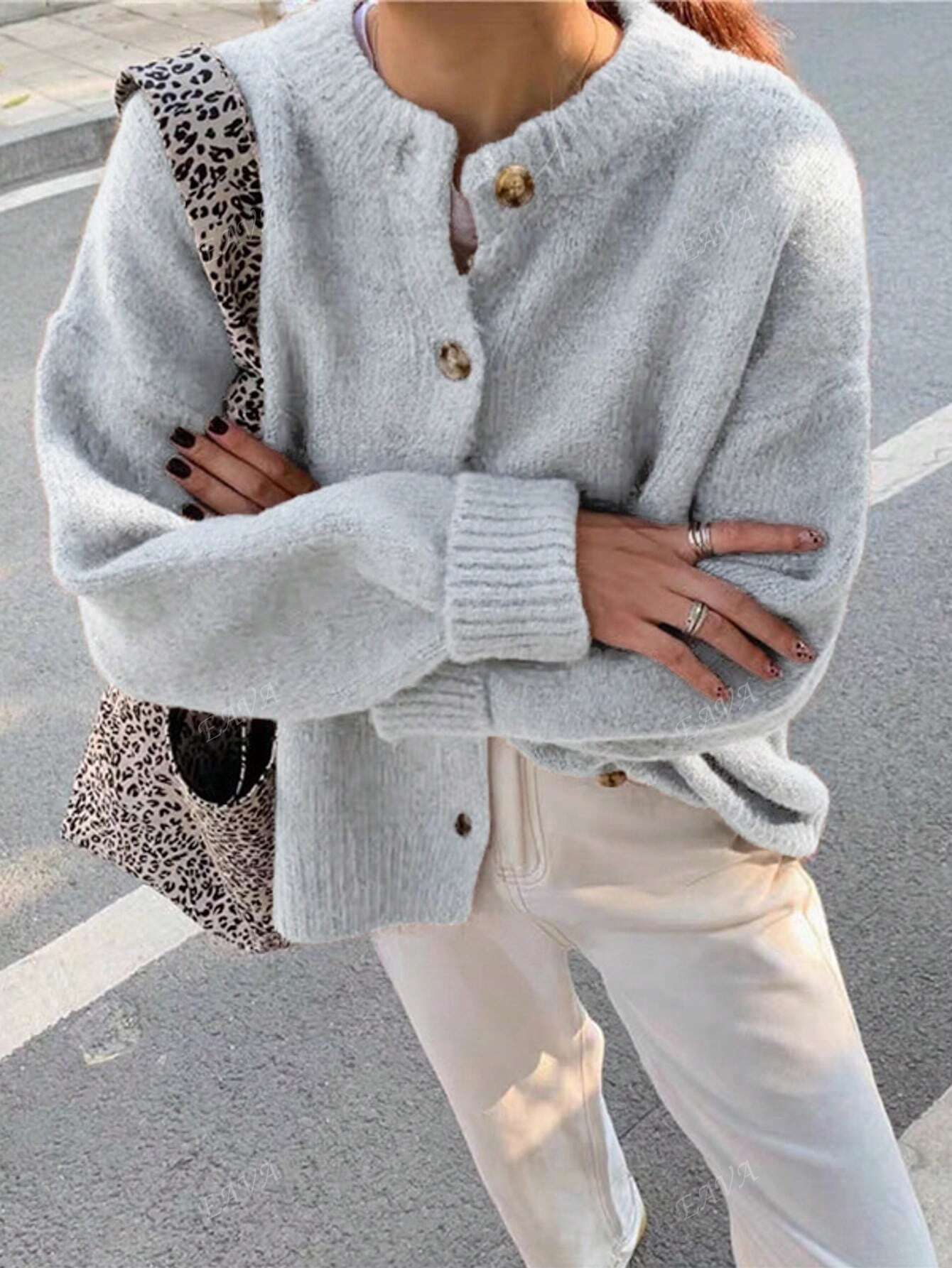 Oversized cardigan met knopen en ronde halslijn voor dagelijks gebruik, herfst, dames-26