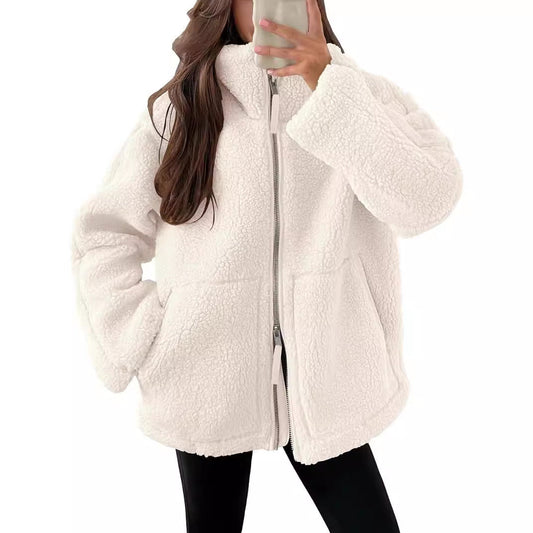 Oversized teddy fleece jas met opstaande kraag en praktische steekzakken voor dames-1