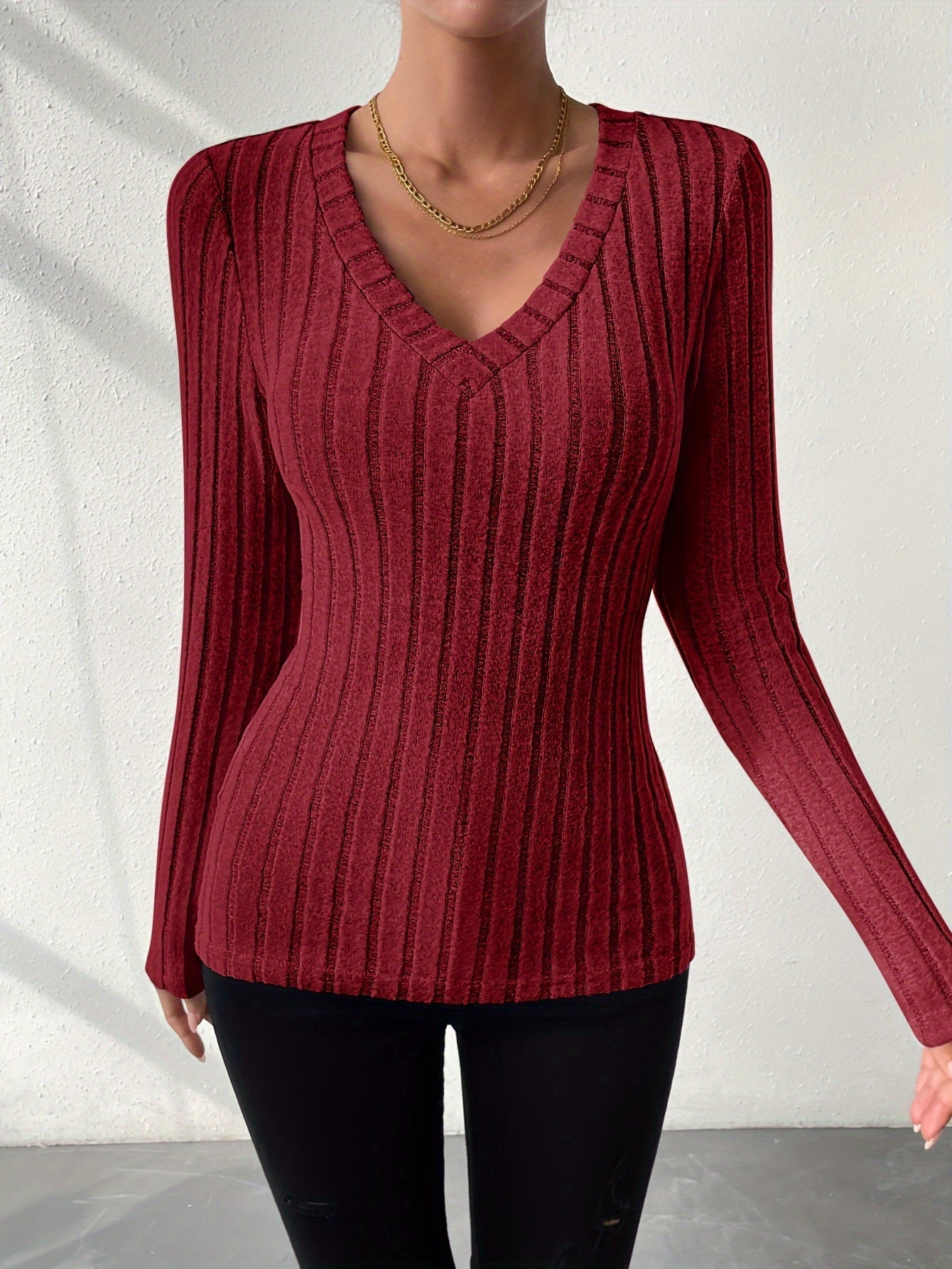 Effen V-hals T-shirt met lange mouwen afbeelding 5
