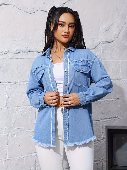 Ruwe blauwe denim jas | Tijdloze en comfortabele lente- en herfstmode afbeelding 2