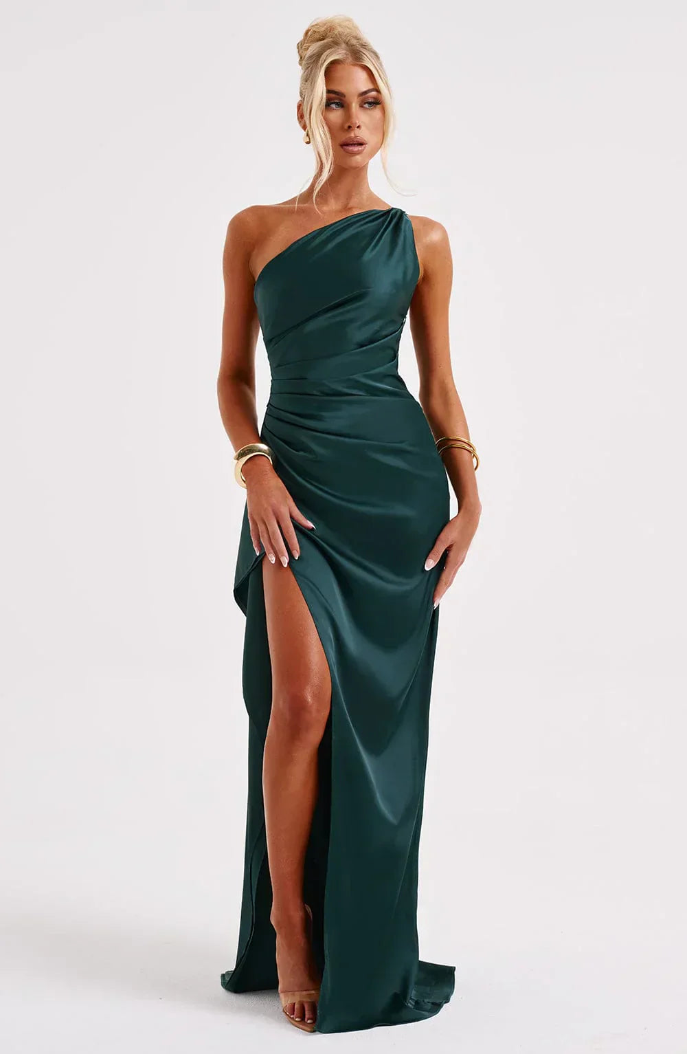 Schitterende Luxe Satijnen One-Shoulder Splitjurk