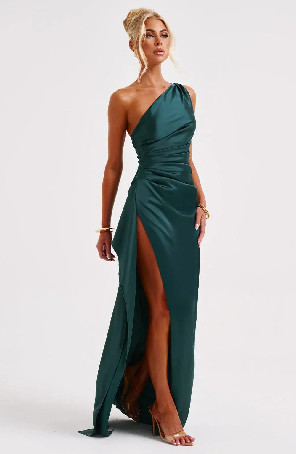 Schitterende Luxe Satijnen One-Shoulder Splitjurk
