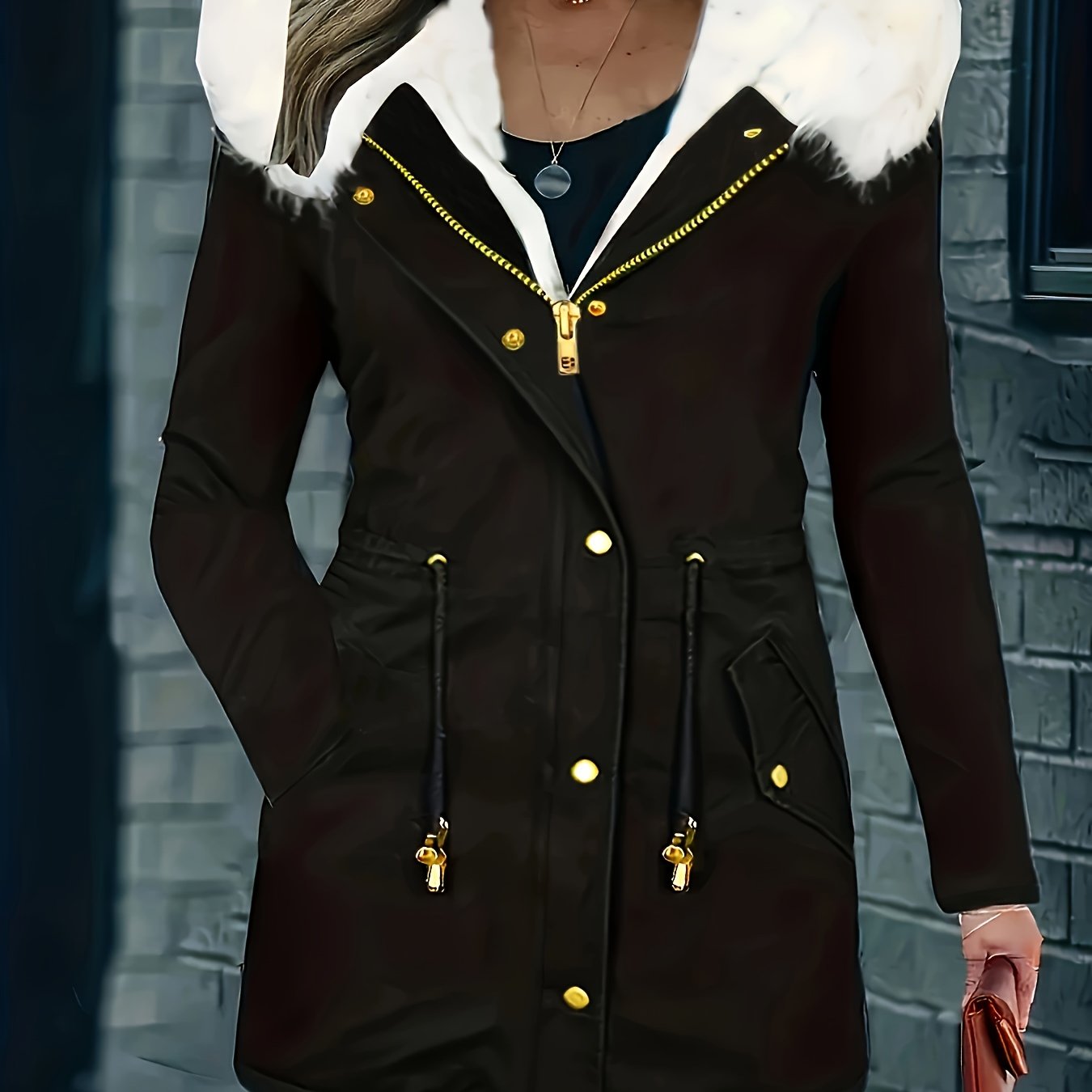 Stijlvolle en warme damesjas met capuchon en imitatiebont: perfect voor herfst en winter! Gemaakt van luxe katoenmix voor ultiem comfort. Shop nu! afbeelding 12