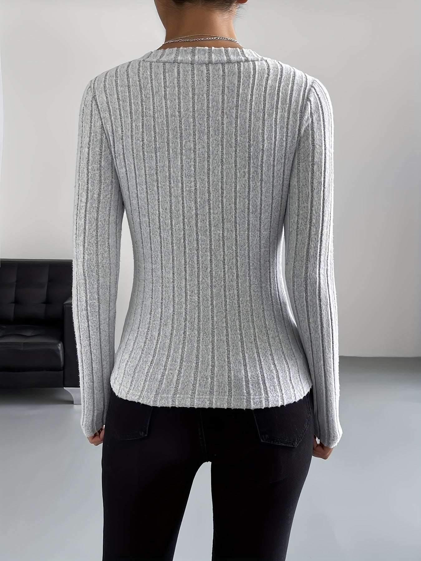 Effen V-hals T-shirt met lange mouwen afbeelding 9