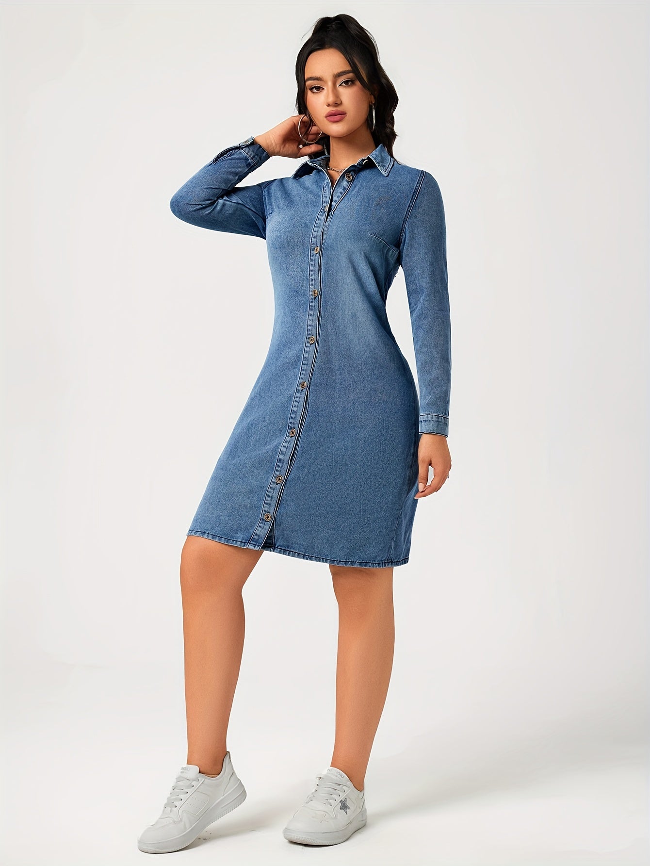 Stijlvolle blauwe denim jurk met lange mouwen | Comfortabele en veelzijdige keuze | Perfect voor lente, zomer en herfst afbeelding 4