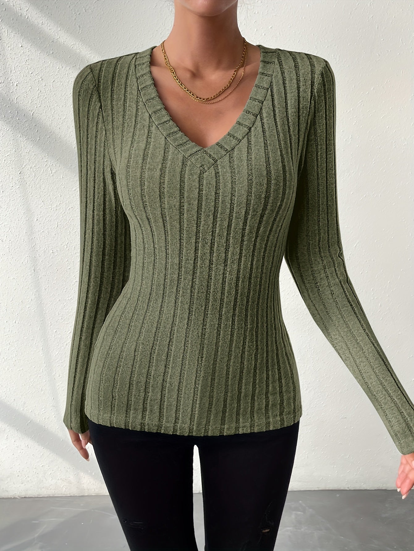 Effen V-hals T-shirt met lange mouwen afbeelding 3