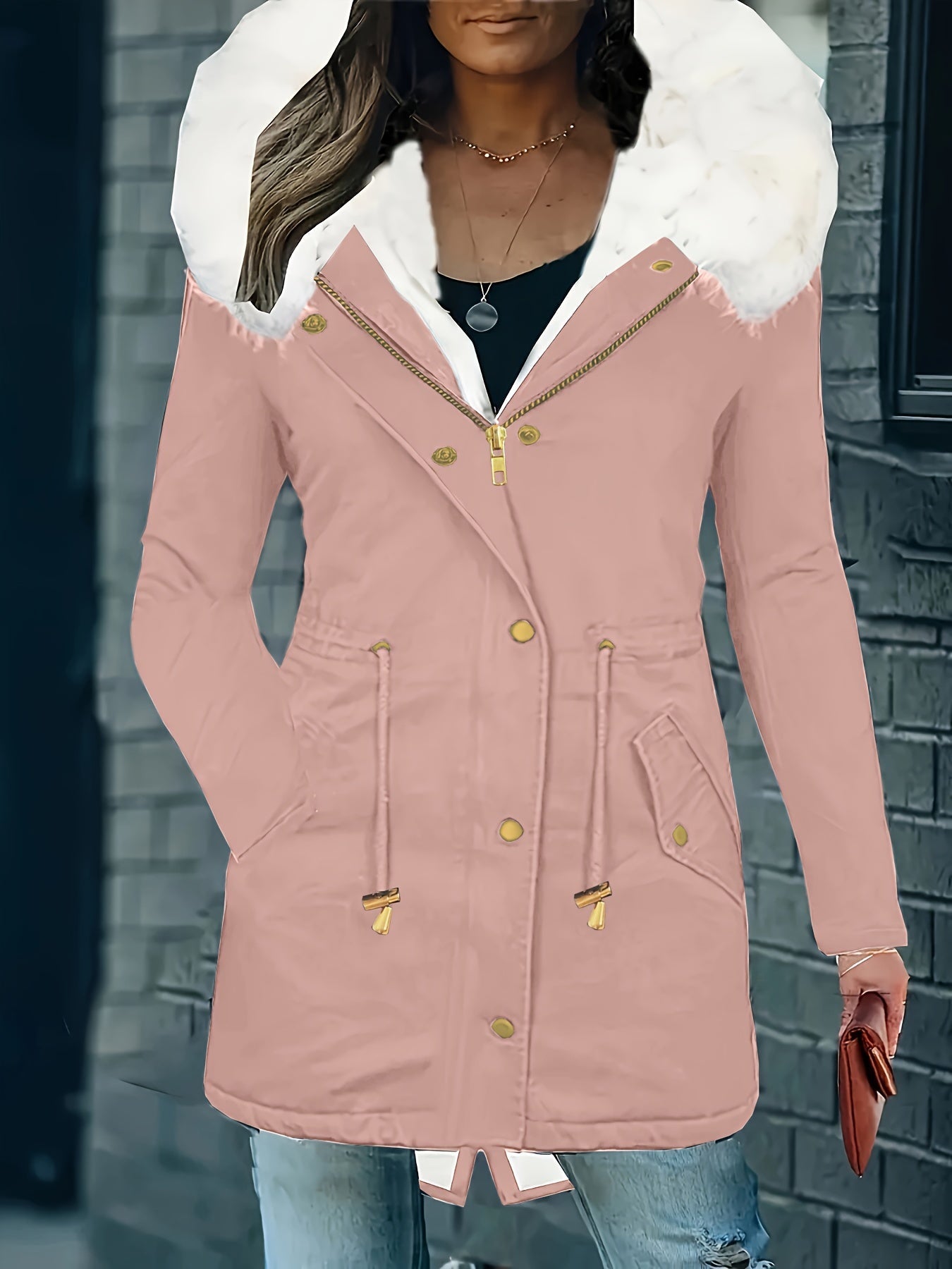 Stijlvolle en warme damesjas met capuchon en imitatiebont: perfect voor herfst en winter! Gemaakt van luxe katoenmix voor ultiem comfort. Shop nu! afbeelding 2