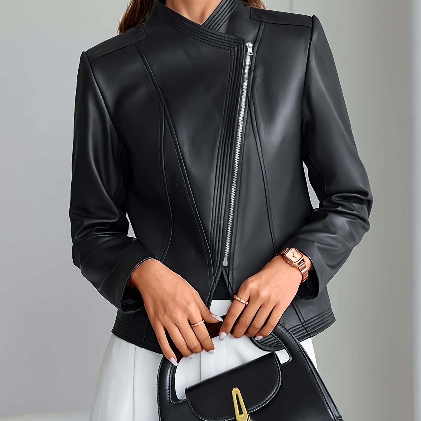 Ontdek de tijdloze stijl van deze elegante PU leren jas. Ideaal voor herfst en winter, biedt deze jas niet alleen warmte maar ook verfijning. Bestel nu! afbeelding 5