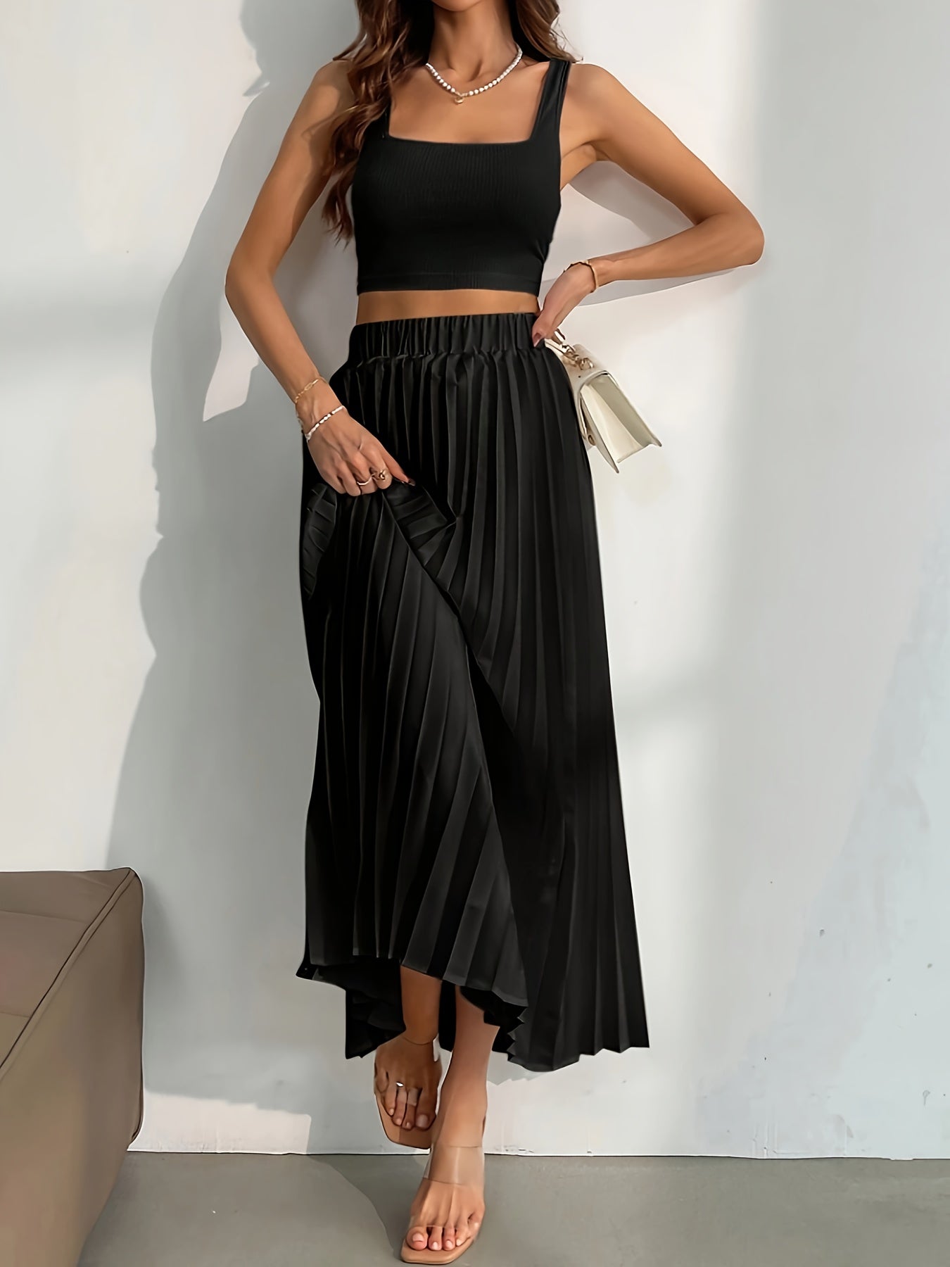 Hoge taille effen geplooide rok | Comfortabele en duurzame katoenmix | Voor elke gelegenheid | Flatterende pasvorm afbeelding 4